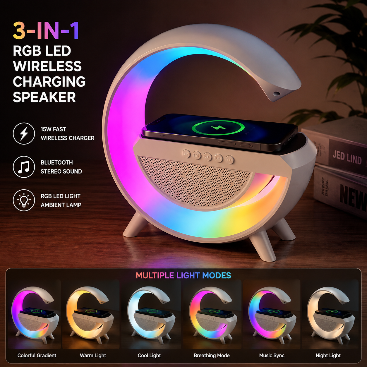 3-in-1 RGB LED Wireless Charging Speaker Lamp | Bluetooth Speaker + Fast Qi Charger + Ambient Night Light
