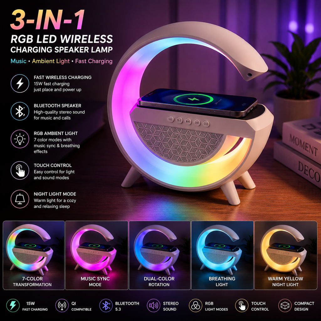 3-in-1 RGB LED Wireless Charging Speaker Lamp | Bluetooth Speaker + Fast Qi Charger + Ambient Night Light